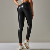 Faux Leather Pants High Elastic Solid Color Bright Surface Thin Velvet Tight Pocket Fitness Trousers Running Yoga Pants